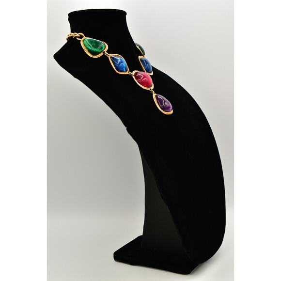 KJL Avon Cabochon Necklace Bib Multicolor Gripoix Jelly Gold Chunky Signed BinAU - Picture 5 of 12